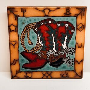 EARTH TONES THE WESTERN MAN TILE TRIVET 4810 USA COWBOY BOOTS Southwest display